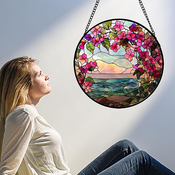 Stained Glass Window Hanging, Purple Flower Landscape Wreath Sun Catcher for Door Home Decor Plants Suncatcher Christmas Mother's Day Birthday Gifts for Women Men Mom Nana 15 in
