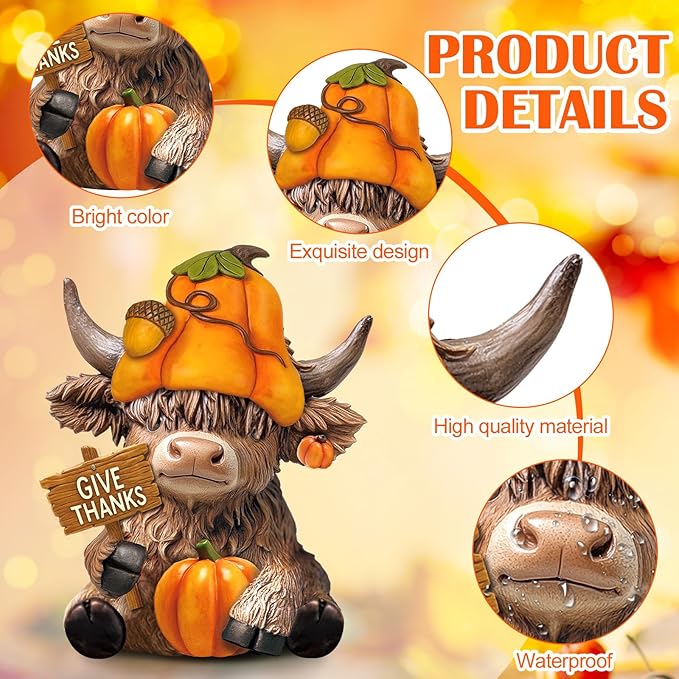 Karenhi 2 Pcs Fall Thanksgiving Day Highland Cow Figurines Harvest Pumpkin Highland Cow Gnomes Scottish Resin Statue Calf Lovers Gifts for Home Garden Kitchen Office Tiered Tray Table Decor