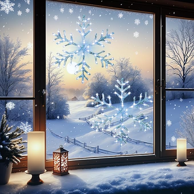 Christmas Window Snowflake Lights Decorations, Battery Operated Led Hanging Iron Lights, 8 Lighting Modes for Home Bedroom Indoor Outdoor Wall Holiday Decor (Cool White, 2 Pack)