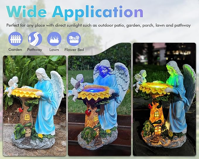 Solar Garden Statue, Angel Outdoor Decor with Color Changing Light Garden Figurine Sunflower Outdoor Statue Waterproof Sculpture Lawn Ornament for Patio Backyard Christmas Birthday Present