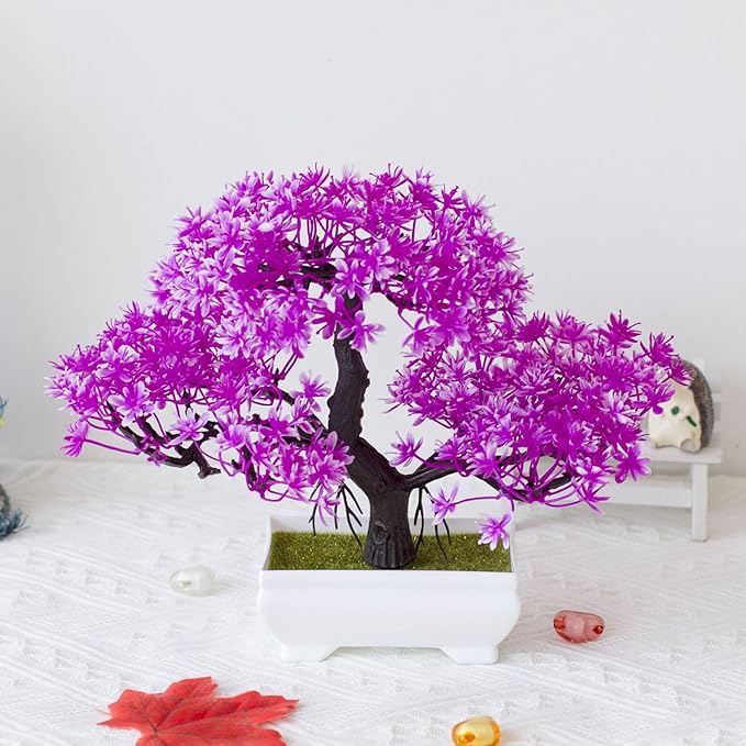 Mini Artificial Bonsai Tree Plants with Plastic Cement Pots for Home Office Décor(Magenta)