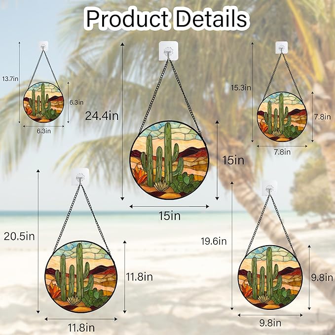 Stained Glass Window Hanging, Green Cactus Sun Catcher for Door Terrace Garden Home Decor, Abstract Desert Landscape Suncatcher Birthday Gifts for Lovers Women Men Dad Mom Nana 7.8 in