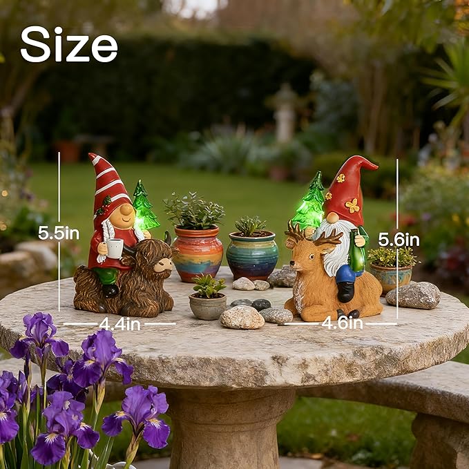 2 Pcs Gnome Garden Decor Statue Highland Cow and Reindeer, Solar LED Lights Gnomes Garden Sculpture Decorations for Yard, Gnomes Gifts for Women
