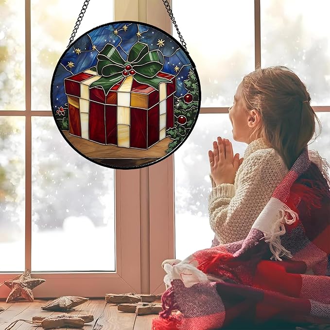 Stained Glass Window Hanging Box 6.3" - Suncatcher Door Garden Sunroom Purple Starry Sky Sun Catcher New Year Birthday for Friend Mom Men Woman Nana