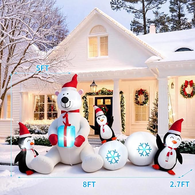 8FT Giant Inflatable Christmas Decorations Cute Polar Bear Penguin Combo，Holiday Decor with LED Lights, Ideal for Outdoor and Indoor Decor for Lawn, Garden, terraces,Xmas Holiday Party New Year