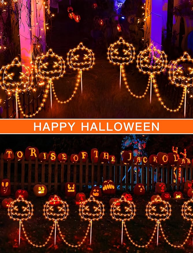 Halloween Walkway Lights,163LED Outdoor Pumpkin Decorations Light Plug in,Timer 8 Modes Garden Stake String Lights for Pathway,Fence,Patio,Yard,Party,Halloween Decor-Orange