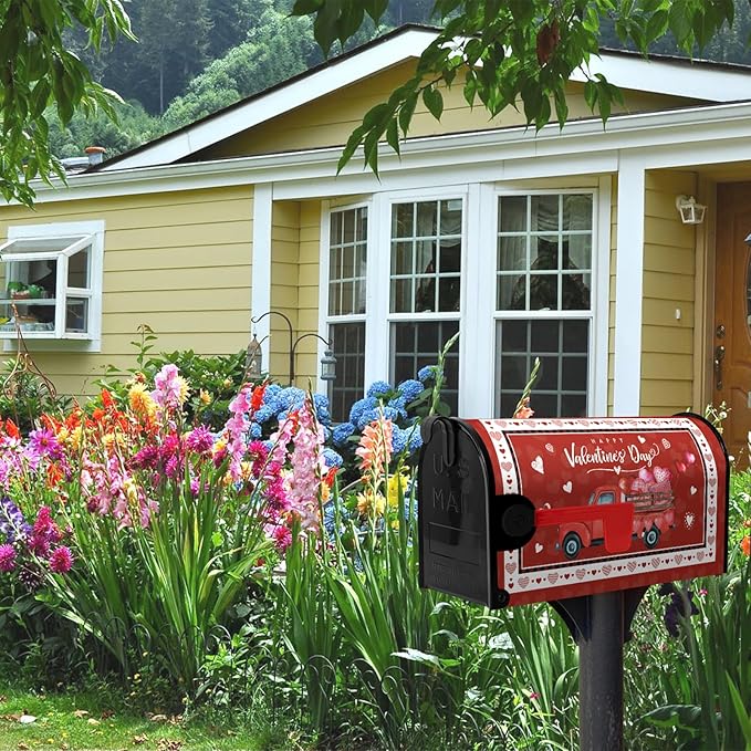 Happy Valentine's Day Mailbox Cover Red Truck and Heart Mailbox Wrap with Magnetic Strip Love Holiday Mailbox Post Letter Box Cover Standard Size 21" X 18" for Outdoor Decor