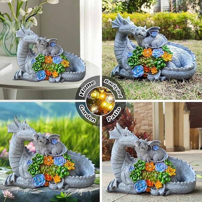 Solar Garden Statues Dragon Figurine Lights, Gardens Statue with Succulents and 6 LED Lights Yard Decorations Outdoor, Solar Light Garden Decor Unique Birthday Housewarming Gifts for Mom