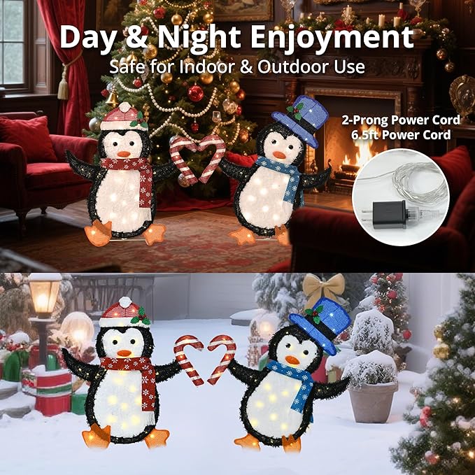 32" H Penguin Lights Outdoor Christmas Decorations, 2D Pre-lit Cute Holiday Lawn Lights Decors, Flat Xmas Yard Decor, 80 Warm White LEDs, Perfect for Garden, Driveway, Porch, 2-Piece Set
