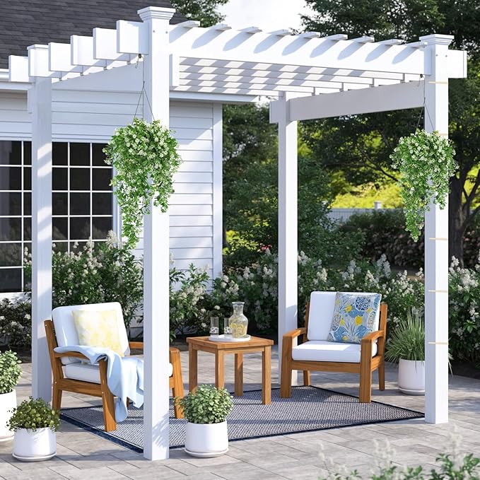 RECUTMS 2Pcs Fake Hanging Plants Artificial Hanging Flowers for Outdoor Decoration Faux White Flowers Artificial UV Resistant Plastic Greenery Vines Ivy for Outdoor Indoor Garden Party Decor（White）