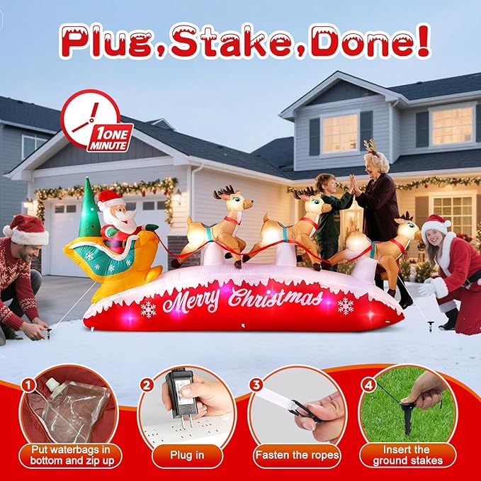10FT Long Christmas Inflatables Santa Claus with Reindeer Sleigh Outdoor Decorations, Build-in Rotating Colorful LEDs Santa Blow up Yard Decoration for Holiday Xmas Party Indoor Lawn Christmas Eve