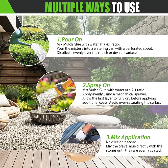 Mulch Glue for Landscaping 1.25 Gallon, Long-Lasting Rock Glue Gravel Binder, Strong Rubber Mulch Stabilizer Landscape Mulch Anchor for Pea Gravel, Max Concentrated Stones Lock Adhesive