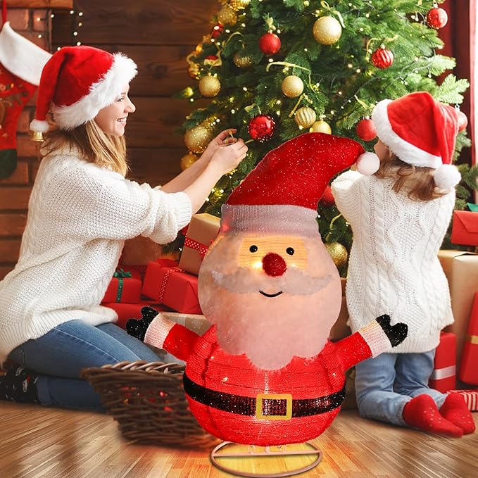 Collapsible Lights Christmas Santa Claus Lighted with LED Warm White Lights Christmas Outdoor Light Decor for Yard Lawn Porch Garden Living Room Bedroom Indoor Outdoor