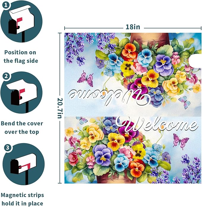 Welcome Spring Summer Magnetic Mailbox Cover - Standard Size 18 X 21 Inch With Flowers and Butterfly - Floral Wraps for Post Letter Box - Outdoor Garden Yard Home Outside Decoration