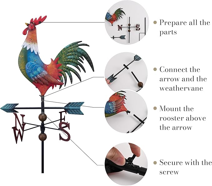 TERESA'S COLLECTIONS Garden Decor with Solar Outdoor Lights, Metal Rooster Weathervane Decorations for Outside, Red Yard Art Sign Decorative Garden Stake for Outdoor Fall Decor Lawn, Gifts for Mom