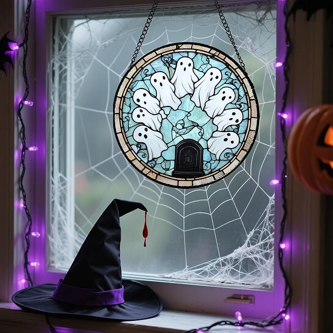 Stained Glass Window Hanging - Halloween Decorations Ghosts Tombstones Suncatcher for Doors Garden Indoor Spooky Funny Sun Catchers Gothic Decor Horror Gifts for Women Men Friend 15 in