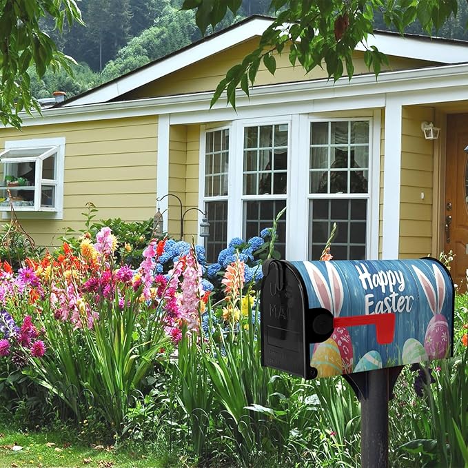 Easter Bunny Mailbox Cover Magnetic Standard Size 21 x 18 Rabbit Colorful Eggs Mailbox Covers Wraps Blue Spring Post Letter Box Cover for Home Garden Yard Decor