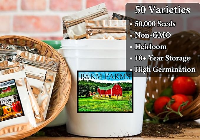 Survival Seed Vault: 50 Varieties, 50,000+ Non-GMO Heirloom Seeds - 5+ Year Supply in Secure Bucket + Growing Guide by B&KM Farms