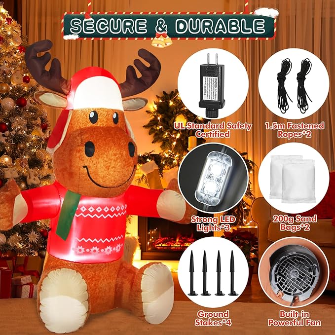 6 FT Christmas Inflatable Outdoor Decorations, Inflatables Plush Reindeer Yard Decor with Christmas Hat & Sweater, Built-in LED Lights Blow up Xmas Deer Holiday Decorations for Outside Lawn Garden