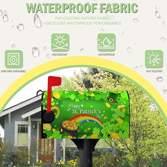 Happy St Patrick's Day Mailbox Cover Magnetic Large Size 25.5" X 21" Shamrock Clovers Rainbow Green Hat Oversized Mailbox Covers Gold Coins Patrick Mail Post Letter Box Wrap Outdoor Decor