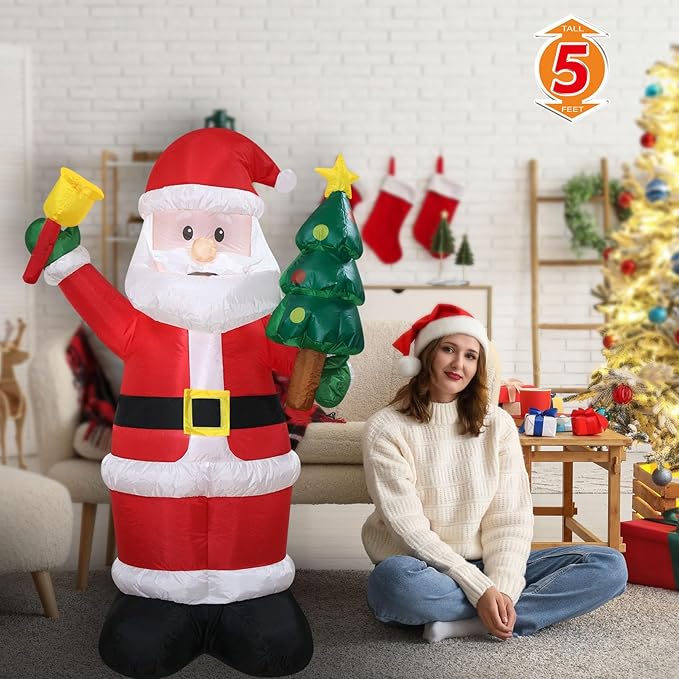 Christmas Inflatables Santa Holds Tree Bell Lighted Yard Lawn Inflatable Decoration with Built-in Fan and Stakes Ropes Holiday Party Decor, Christmas Decor (5FT-Santa Hold Tree & Bell)