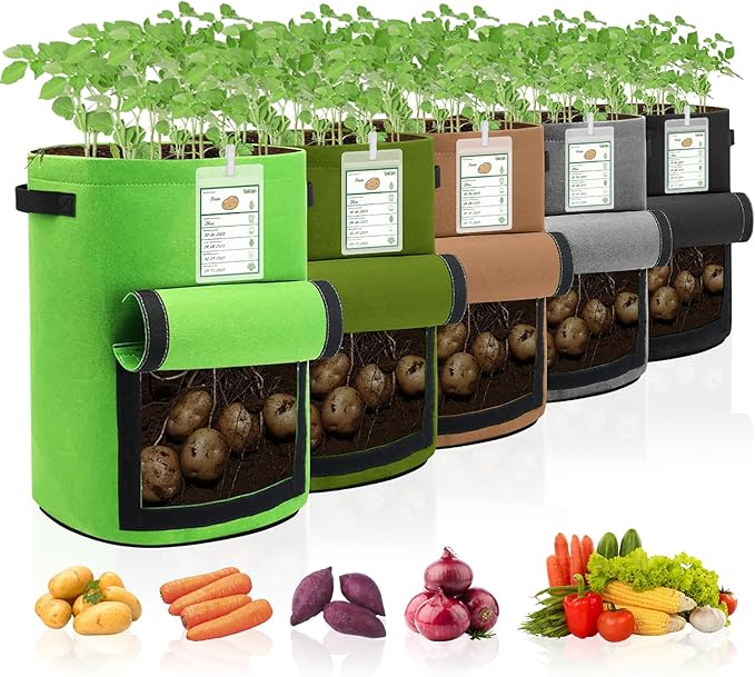 5-Pack Colorful 10 Gallon Potato Grow Bags, Upgraded Heavy Duty Potato Grow Bags with Flap and Plant Growth Record Card, Garden Pots, Fabric Plant Pots for Potatoes, Tomato, Vegetables