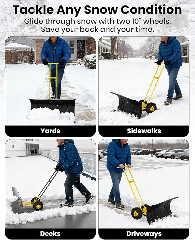 Snow Pusher with Wheels for Driveway, 29.5" Wide Heavy Duty Steel Blade, 7-Position Angle Adjustment & 60° Tilt Handle, Ergonomic Push Snow Shovel with Ground Protection for Effortless Snow Removal