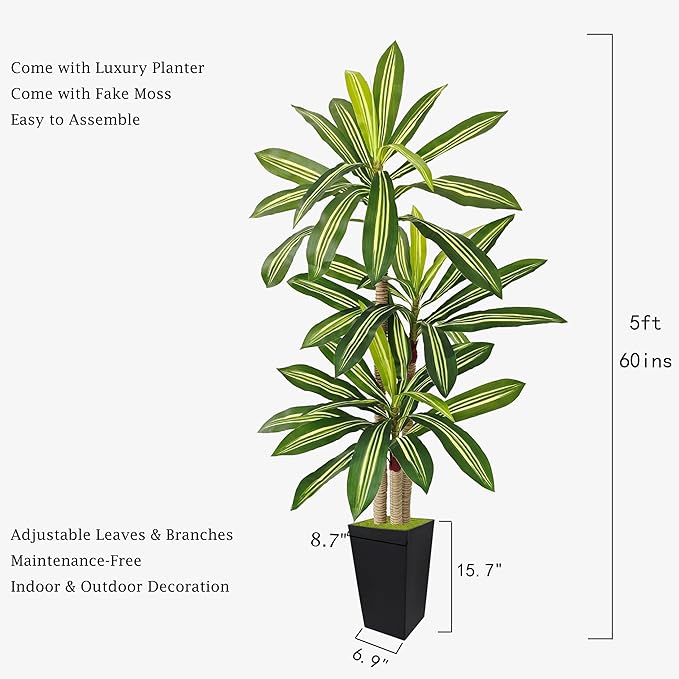 Artificial Dracaena Plant 5ft, Faux Tree with Black Tall Planter, Fake Yucca Silk Plants, Artificial Floor Trees for Indoor Home Office Room Decor Housewarming Gift