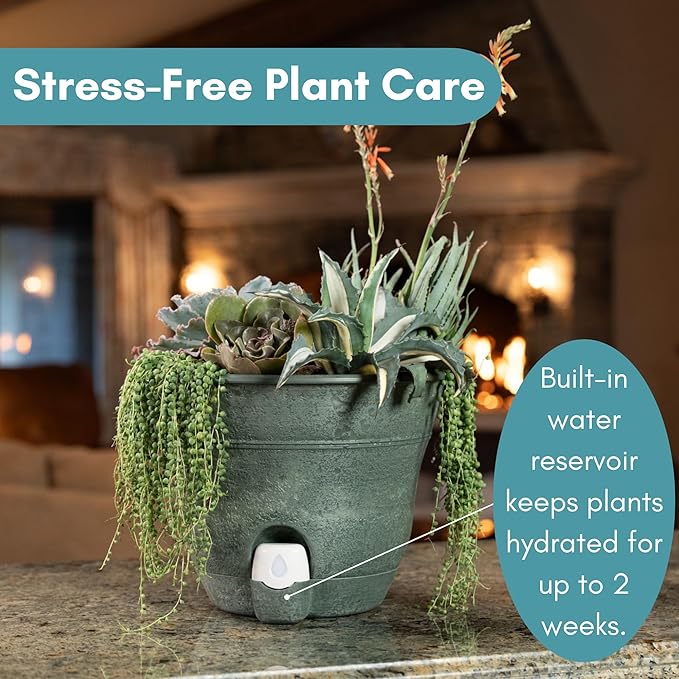 Bernini FirmaStone 15" Self-Watering Planters, Set of 2 – Durable Indoor/Outdoor Pots with Drainage Plug & Built-in Reservoir – Lightweight Garden Planters for Patio, Porch, Balcony (Terracotta)