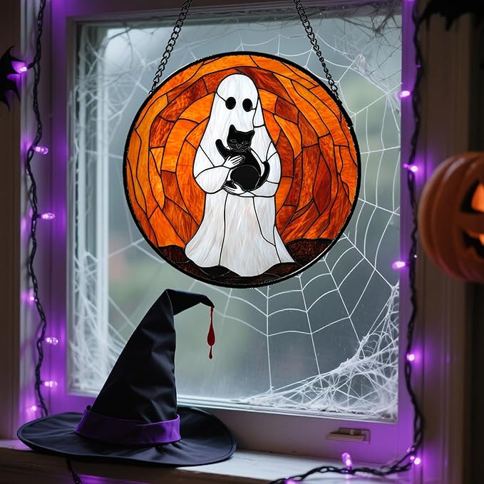 Stained Glass Window Hanging - Halloween Cute White Ghost Black Cat Suncatcher for Doors Garden Home Spooky Orange Sun Catchers Gothic Decor Horror Gift for Women Men Friend Boy Girl 6.3 in