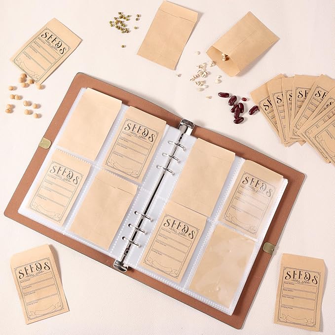 Garden Seed Storage Organizer Binder - 150 Resealable Seed Envelopes Brown Shell with 40 Sheet Protectors for Efficient Seed Packet Organization - Green