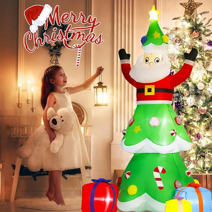 8-Foot Christmas Tree Outdoor Yard Inflatable Decoration with Christmas Santa Claus Decorations (with LED Lights), Includes Gift Box, Perfectly Suitable for Christmas Holiday Lawns and Garden Parties