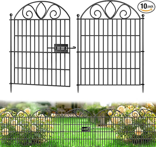 10 Panels No Dig Decorative Garden Fence with Gate – 28" H X 19.6' L Rustproof Metal Dog Fence Outdoor for Yard, Animal Barrier Fence for Pet, Garden Border, Patio, Flower | Temporary Fencing