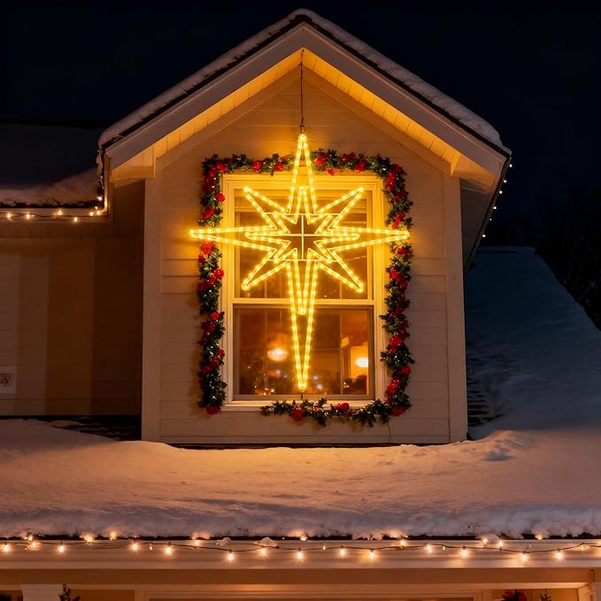 Outdoor Christmas Star of Bethlehem Large LED Star Window Plug Operated Lighted for Xmas Wall Window Indoor Outside Home Street Store Holiday Decorations(43'',Warm Light)