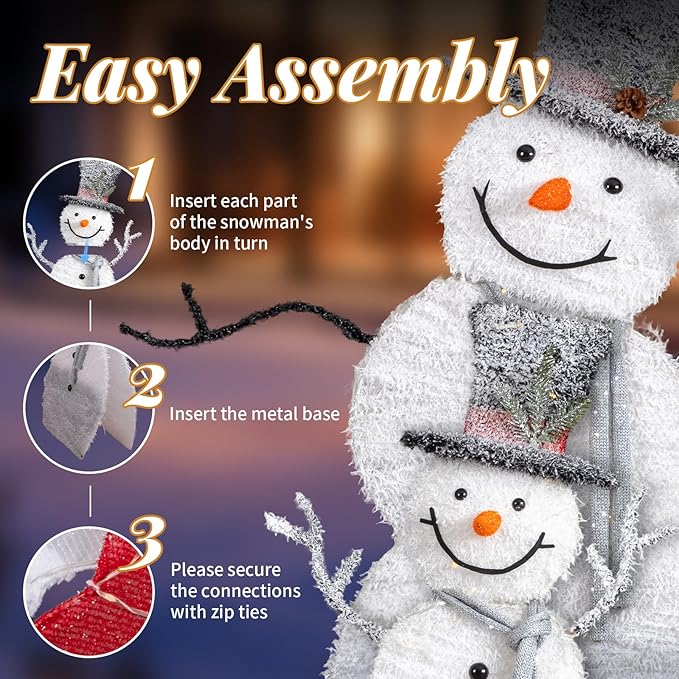 VINGLI 5ft Set of 2 Lighted Snowman Christmas Decorations, 2D Tinsel Snowmen with Top Hats, 80 Warm White LED Lights, Indoor Outdoor Xmas Yard Lawn Porch Holiday Decor