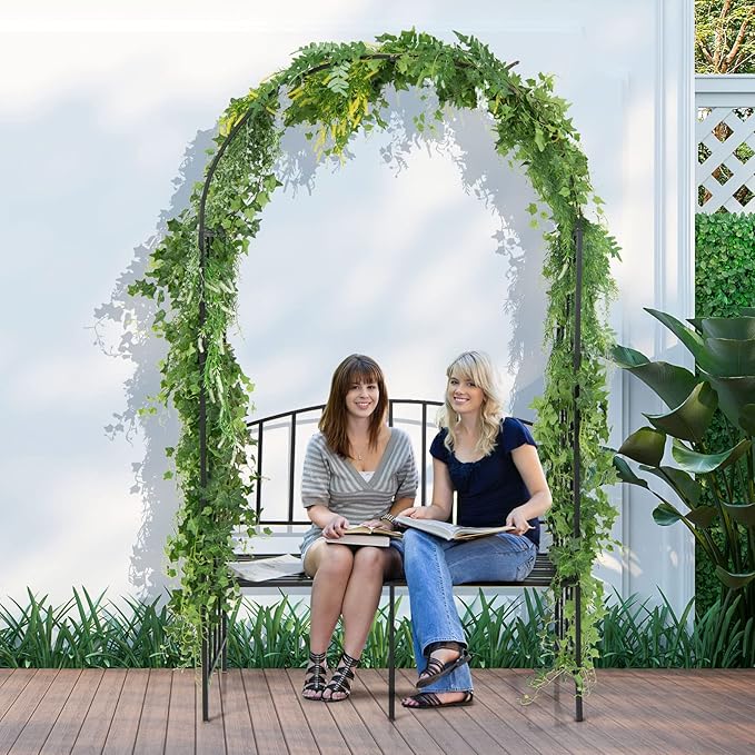 Giantex 81in Metal Garden Arch with Bench, Outdoor Garden Arbor Archway Trellis for Climbing Plants Vines, 2-Person Bench Loads 660 lbs, Patio Trellis Pergola Arches for Wedding Party Ceremony Decor