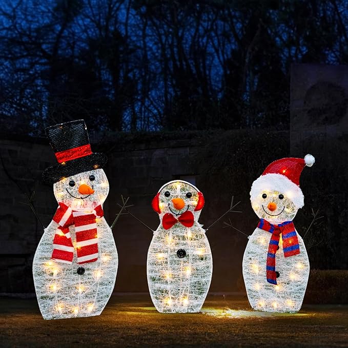 Dazzle Bright Christmas Lighted Snowman Family Outdoor Decoration, 55 L 3-Piece Waterproof Plug in 2D Snowman for Yard Patio Lawn Garden Party Decor 20.5X9X29.5Inch-Large (Warm White)