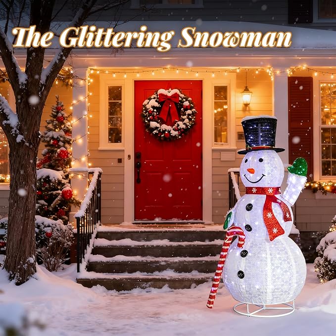 VINGLI 6FT Lighted Snowman Holding Candy Cane Christmas Yard Decorations, Prelit Pull Up Snowman with 210 White LED Lights, Outdoor Lighted Xmas Yard Decorations for Lawn Garden Porch Indoor Décor