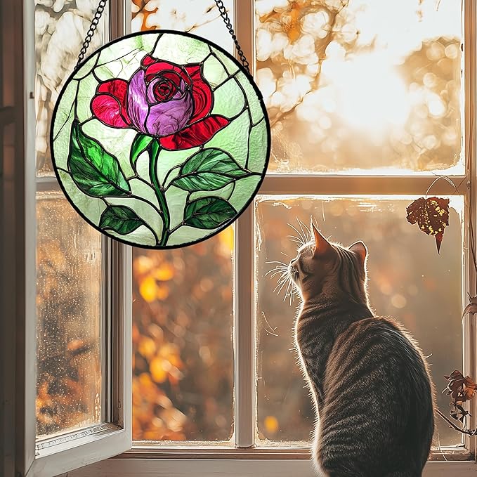 Stained Glass Window Hanging 4 Pcs Set Red Roses Yellow Sunflowers Large 11.8" - Flower Suncatcher Door Garden Sun Catcher Decor Birthday Mother's Day for Mom Woman Nana Girl
