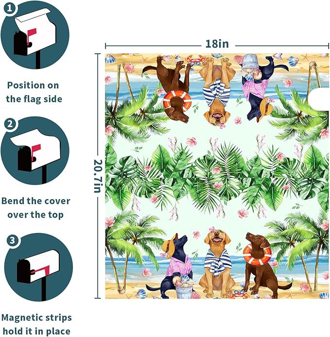 Summer Dogs Magnetic Mailbox Cover 21x18Inch Funny Tropical Beach Coastal Puppy Waterproof Mailbox Wrap Letter Post Cover Standard Size for Garden Yard Outdoor Season Outside Decor