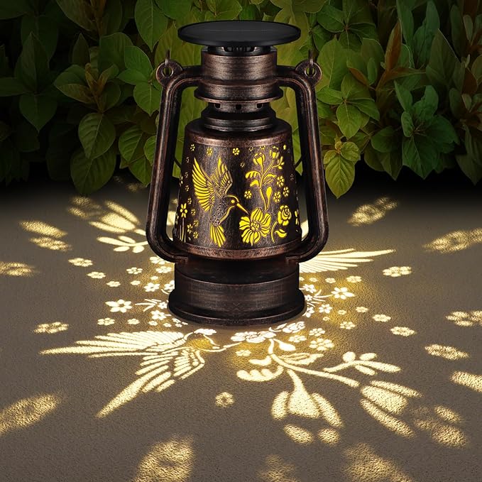 Solar Lantern Outdoor Vintage Hanging LED Waterproof Camping Light with Beautiful Graphics Landscape Decor for Yard,Patio,Porch,Lawn,Tabletop(Hummingbird)