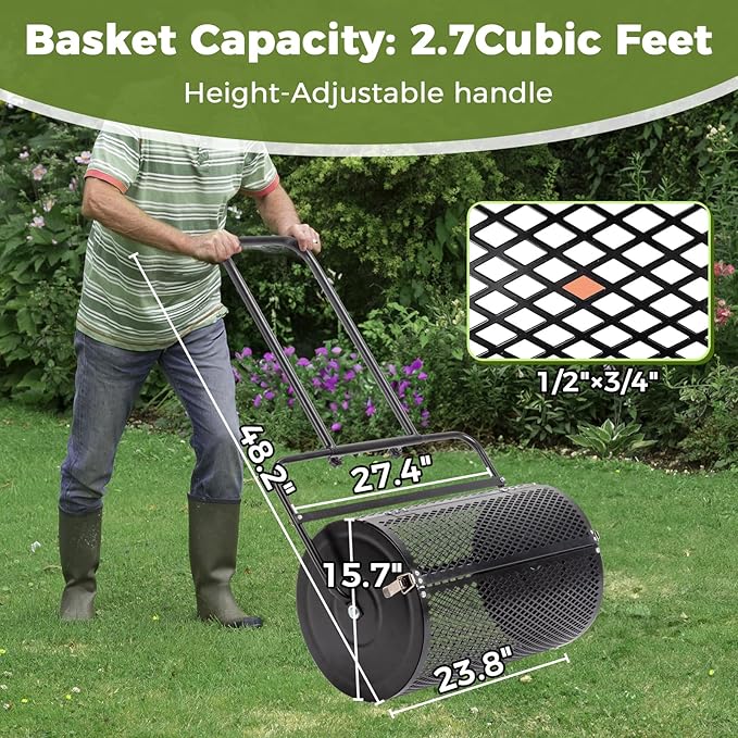 Outvita Compost Spreader, 24" Wide Lawn and Garden Peat Moss Roller with Side Latches, Powder Coated Steel Mesh Basket for Spreading Manure Mulch Topsoil