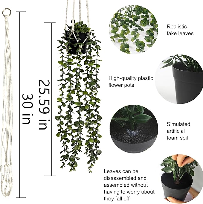Comtelek Fake Hanging Plants 2 Pack Macrame Artificial Hanging Plants with Faux Vine Plant Hanger for Indoor Outdoor Home Wall Boho Bedroom Bathroom Office Wall Ceiling Decor
