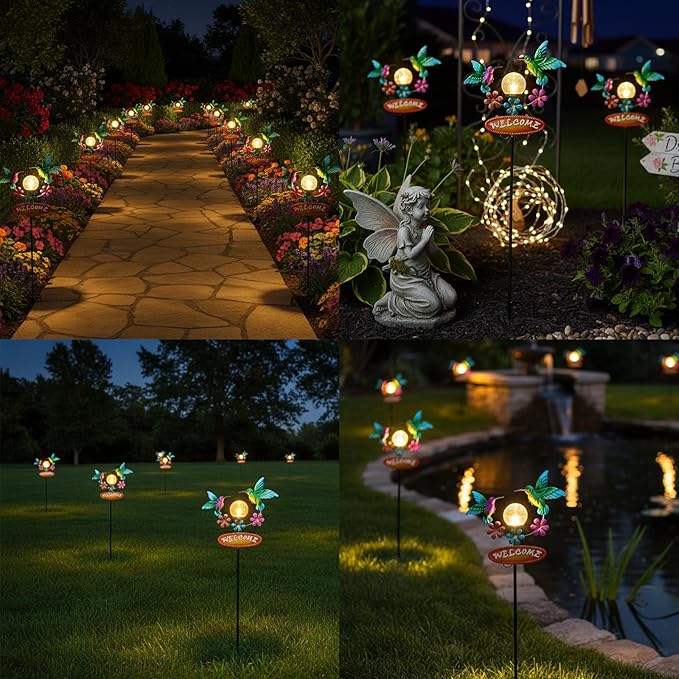 Solar Garden Stakes Metal Welcome Signs for Outside 29.7', 2 Flying Hummingbirds with Cracked Glass Ball,Decorative Garden Stakes for Lawn, Patio, Hummingbird Gifts for Women