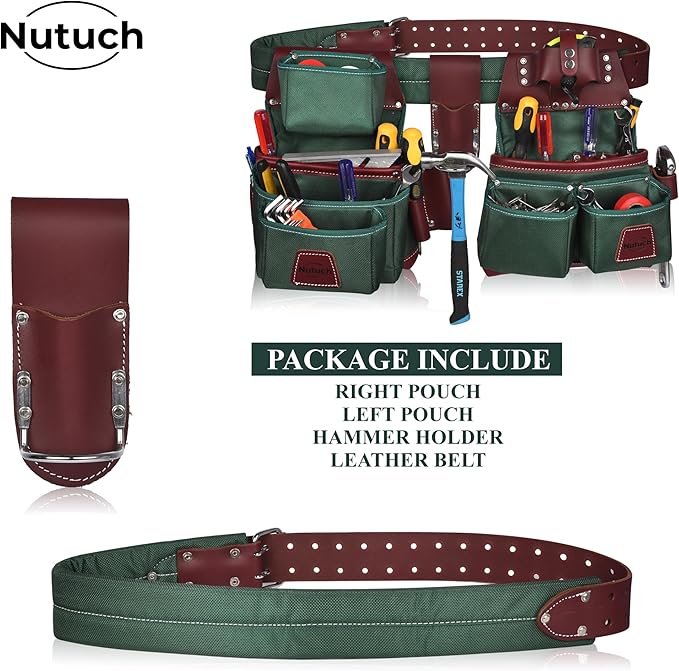 Nylon and Leather Tool Belt | Nylon Tool Pouch | Carpenter Tool Belt | Construction | Framers | Electrician Tool Belts | Drywall Tool Bags | Handyman | Electric (GREEN)