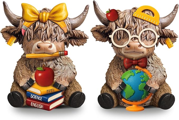 Karenhi 2 Pcs Highland Cow Figurines Back to School Classroom Highland Cow Gnomes Scottish Resin Statue Calf Lovers Gifts for Home Garden Kitchen Office Tiered Tray Table Decor