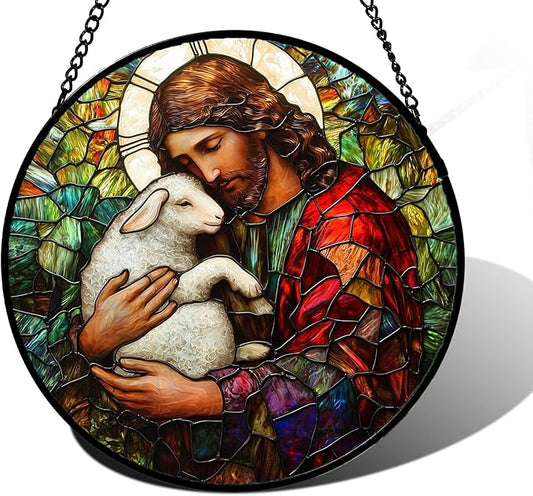 Stained Glass Window Hanging, Jesus Little Lamb Sun Catchers Colorful Glass Panel Christianity Suncatcher Decor for Birthday for Women, Men, Wife, Aunt, and Mom 9.8 in