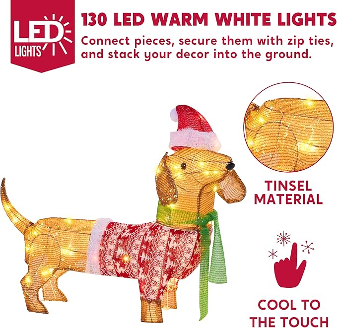 JOYIN Lighted Wiener Dog Christmas Decorations Outdoor, 40 LEDs Warm White Tinsel Dachshund Lights for Christmas Yard Decor, Light Up Xmas Lawn Ornaments with Metal Stakes for Outside Porch Garden