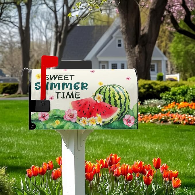 Watermelon Mailbox Cover Summer Sweet Time Mail Box Wraps Summer Mailbox Covers Magnetic Standard Size 21x18 inch Palm Leaf Floral Holiday Decorative Mailboxes for Outdoor Garden Home Decor