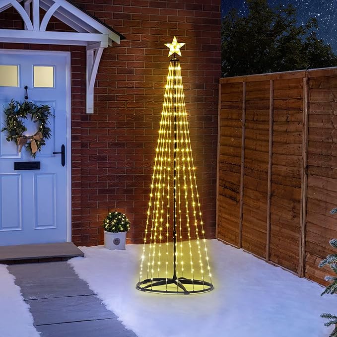 7 ft Lighted Outdoor Christmas Tree, 310 LEDs Pre-lit Christmas Cone Tree with Star Topper for Indoor and Outdoor Holiday Decorations (Warm White)